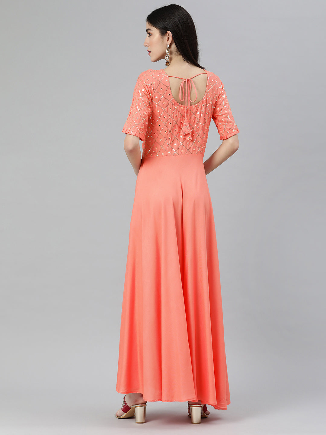 Pastel Peach Flared Gown With Ruffled Hemline and Thread Embroidery –  Chhabra 555